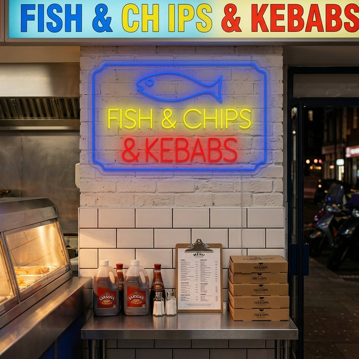 "Fish Chips Kebabs" Insegna al neon