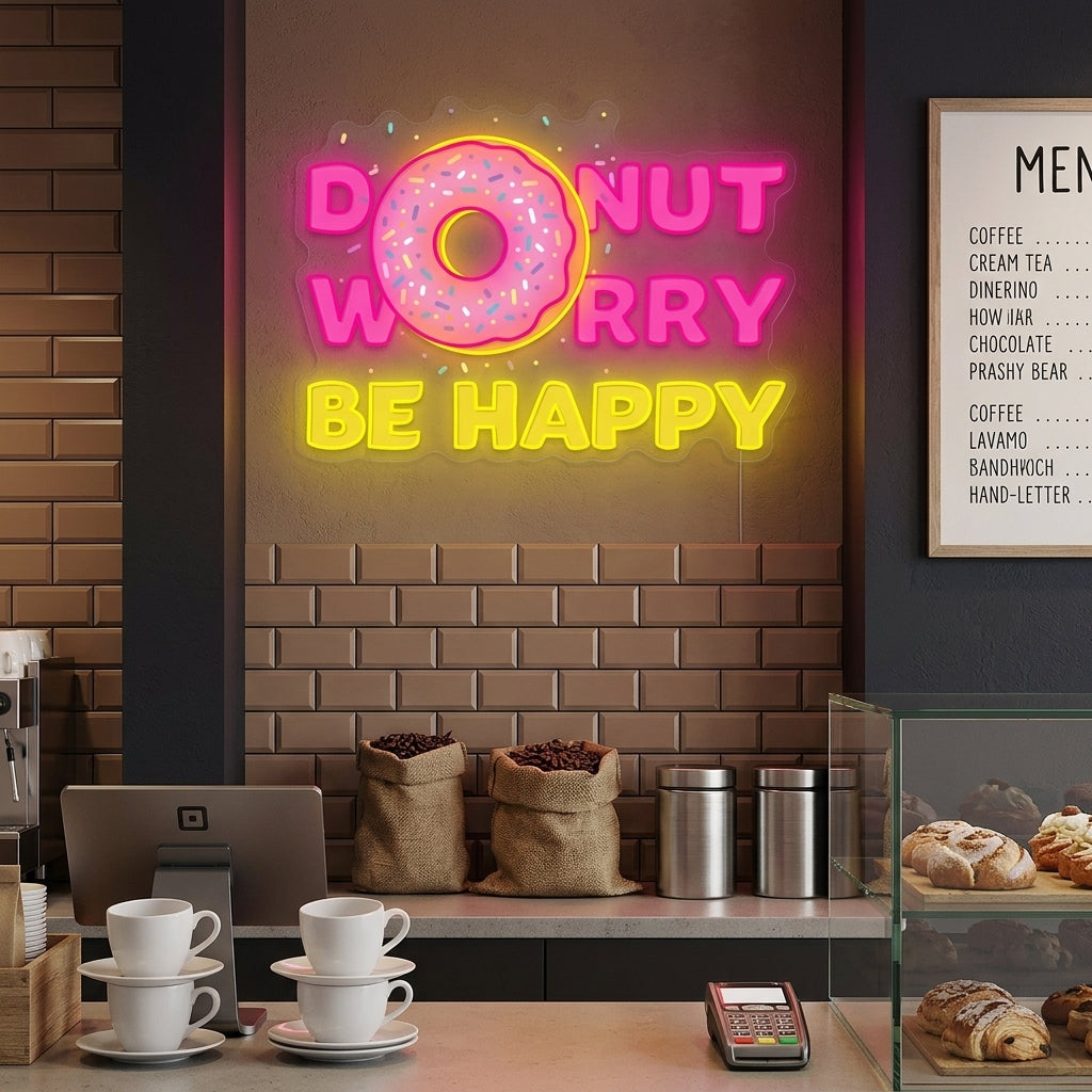 "Donut Do Not Worry Be Happy" Insegna al neon