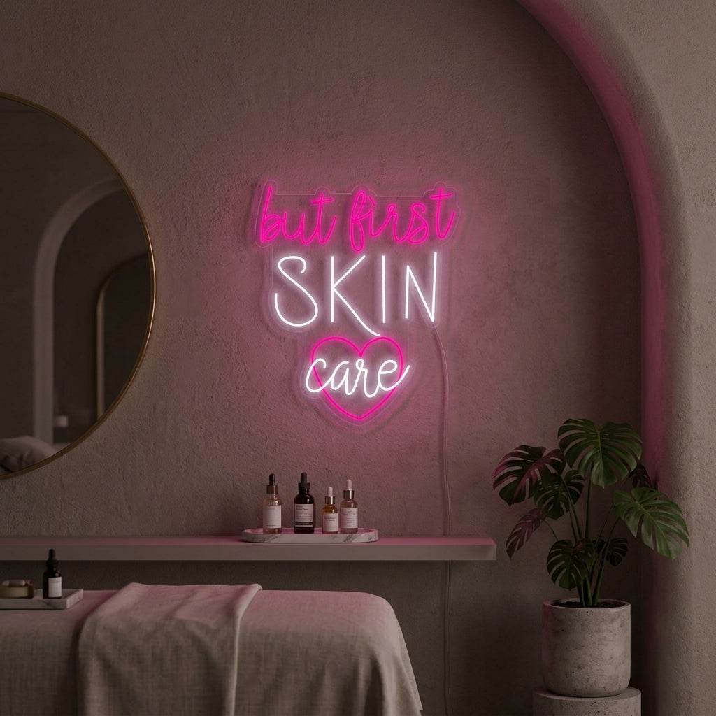 "But First Skin Care Cura Della Pelle" Insegna al neon