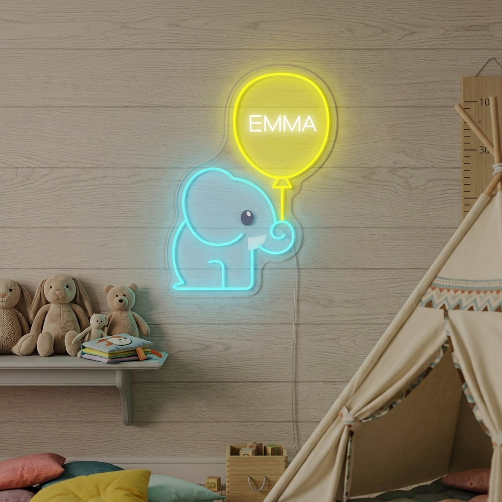 "Nome Personalizzato Con Elefante E Palloncino, Decorazione Per La Camera Dei Bambini" Insegna al neon