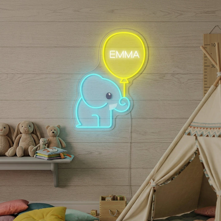"Nome Personalizzato Con Elefante E Palloncino, Decorazione Per La Camera Dei Bambini" Insegna al neon
