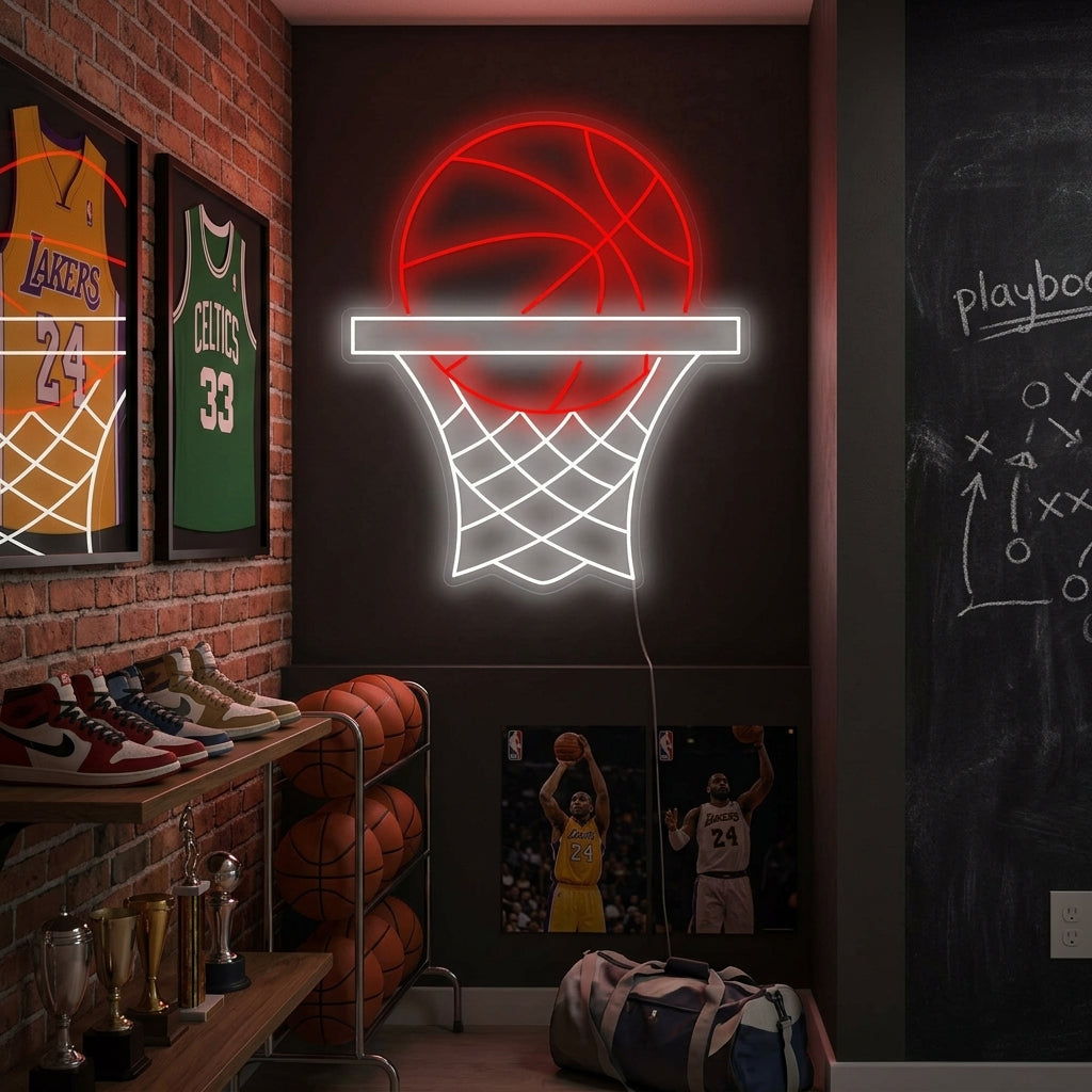 Neon LED con pallone da basket e canestro