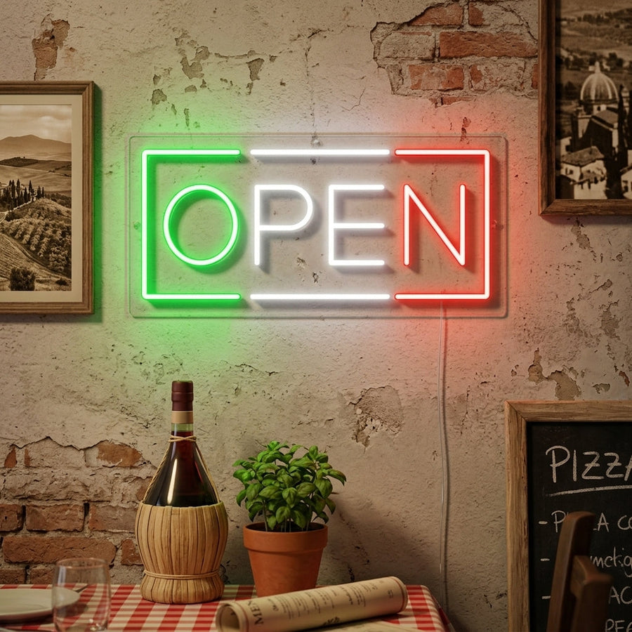 Insegna neon LED OPEN bicolore