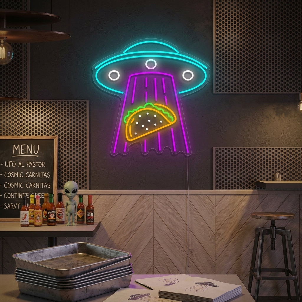 "Ufo che rapisce i tacos" Insegna al neon