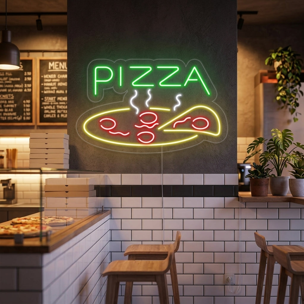 Insegna neon LED pizza fumante colorata