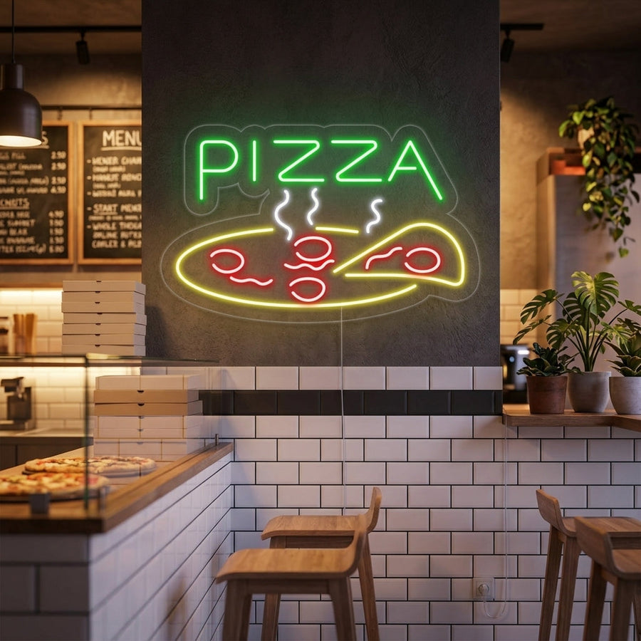 Insegna neon LED pizza fumante colorata