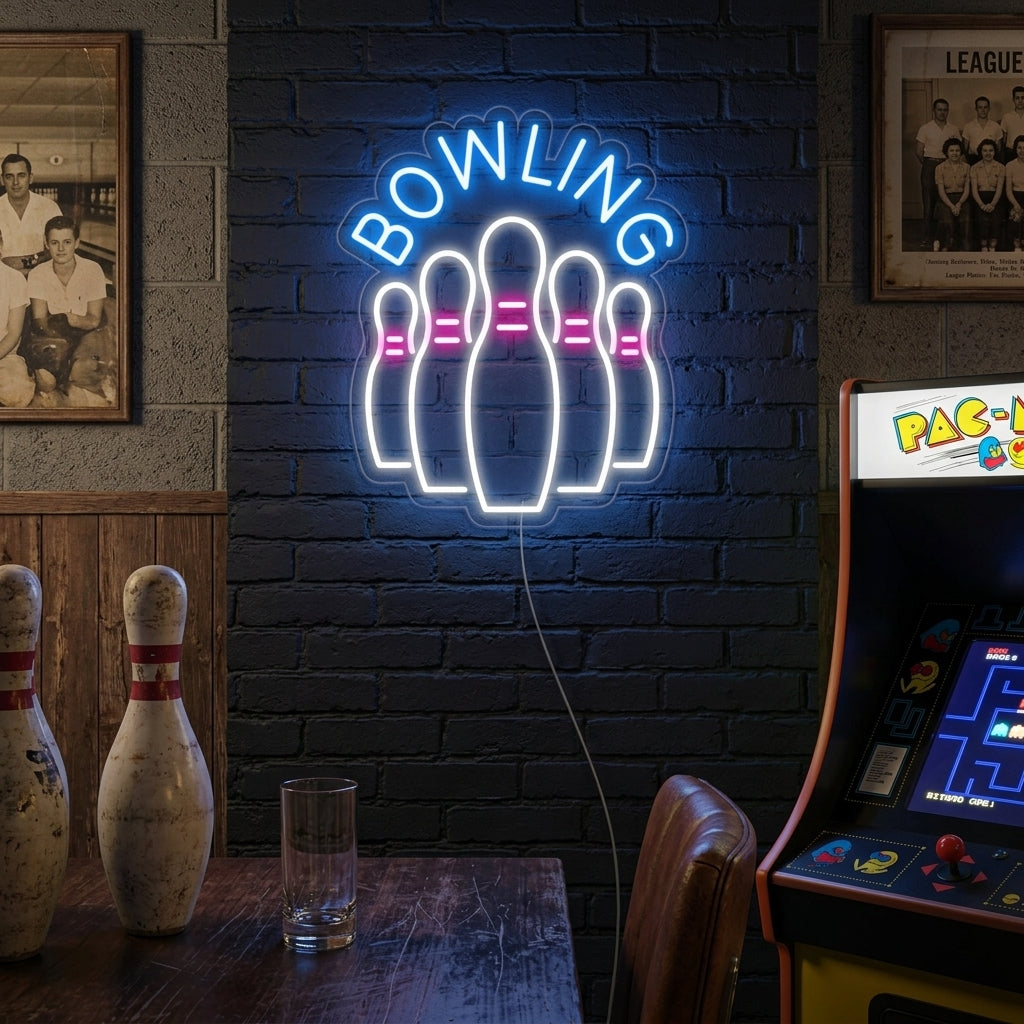 "Bowling, Birilli Di Bottiglie Da Bowling" Insegna al neon