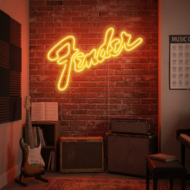 Insegna al neon LED gialla con logo Fender.