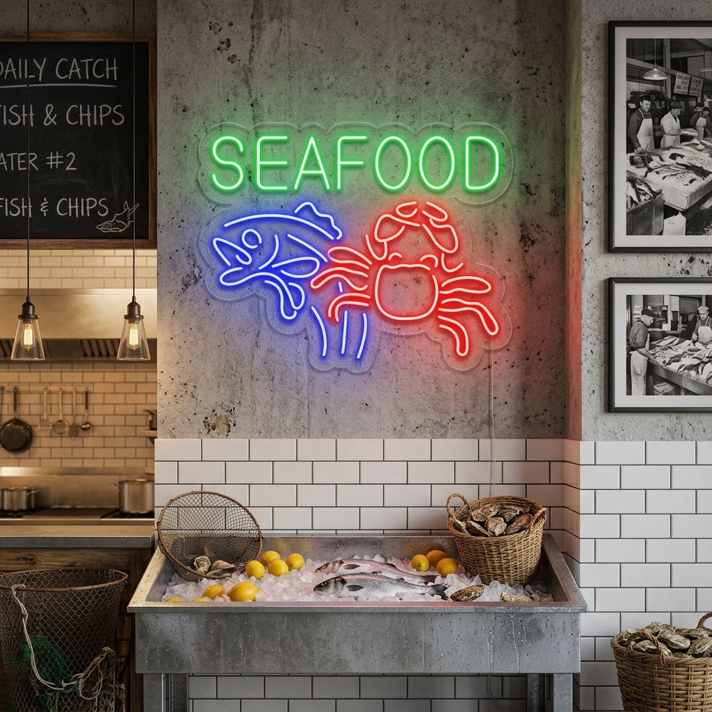 "Seafood, Granchio, Pesce" Insegna al neon