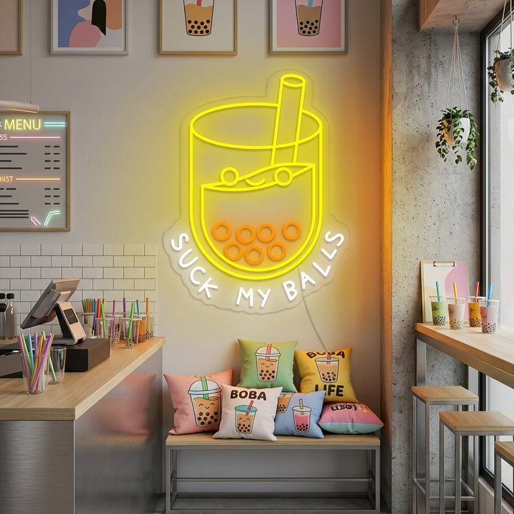 "Suck my balls, Tè al boba, amanti del boba" Insegna al neon