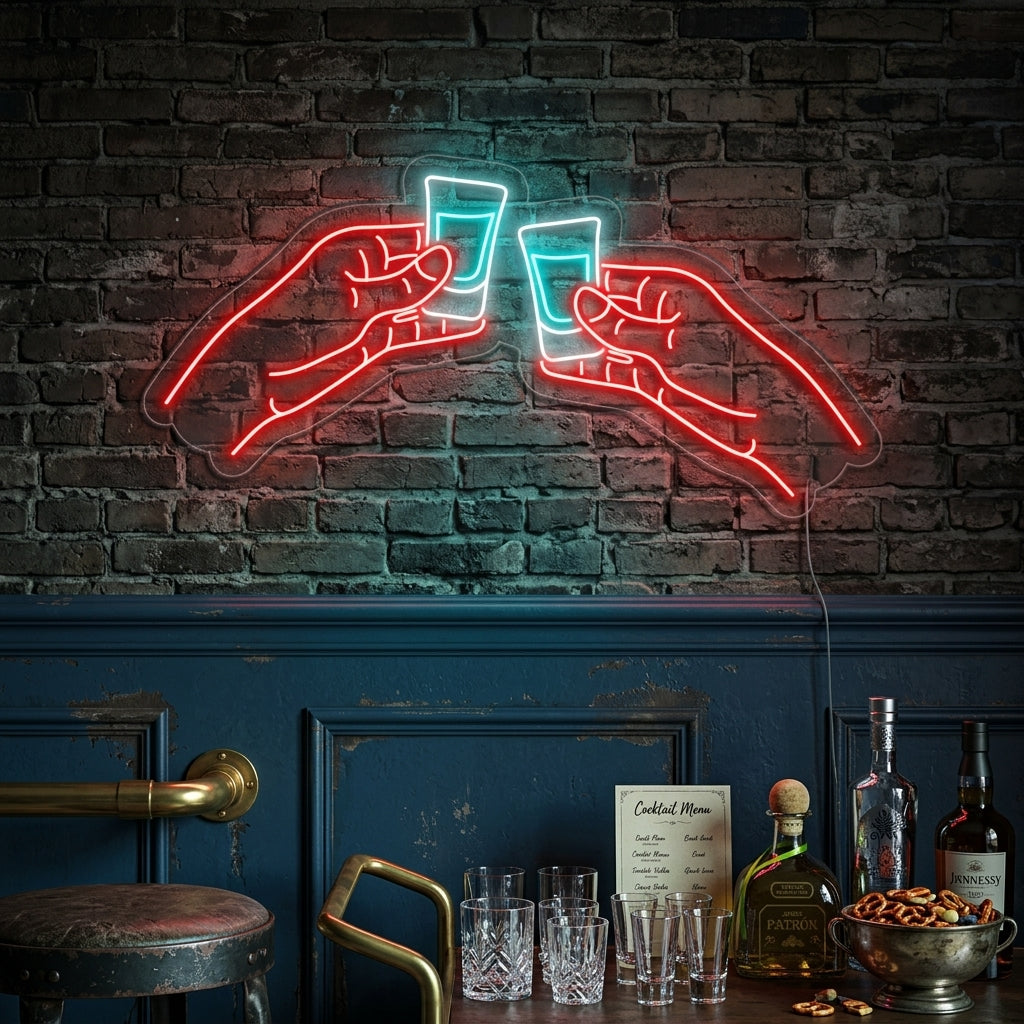 "Due Mani Che Tintinnano Bicchieri Di Vodka O Tequila Bar" Insegna al neon