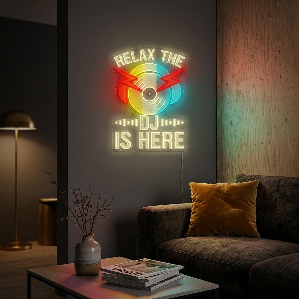 "Relax The Dj Is Here" Insegna al neon