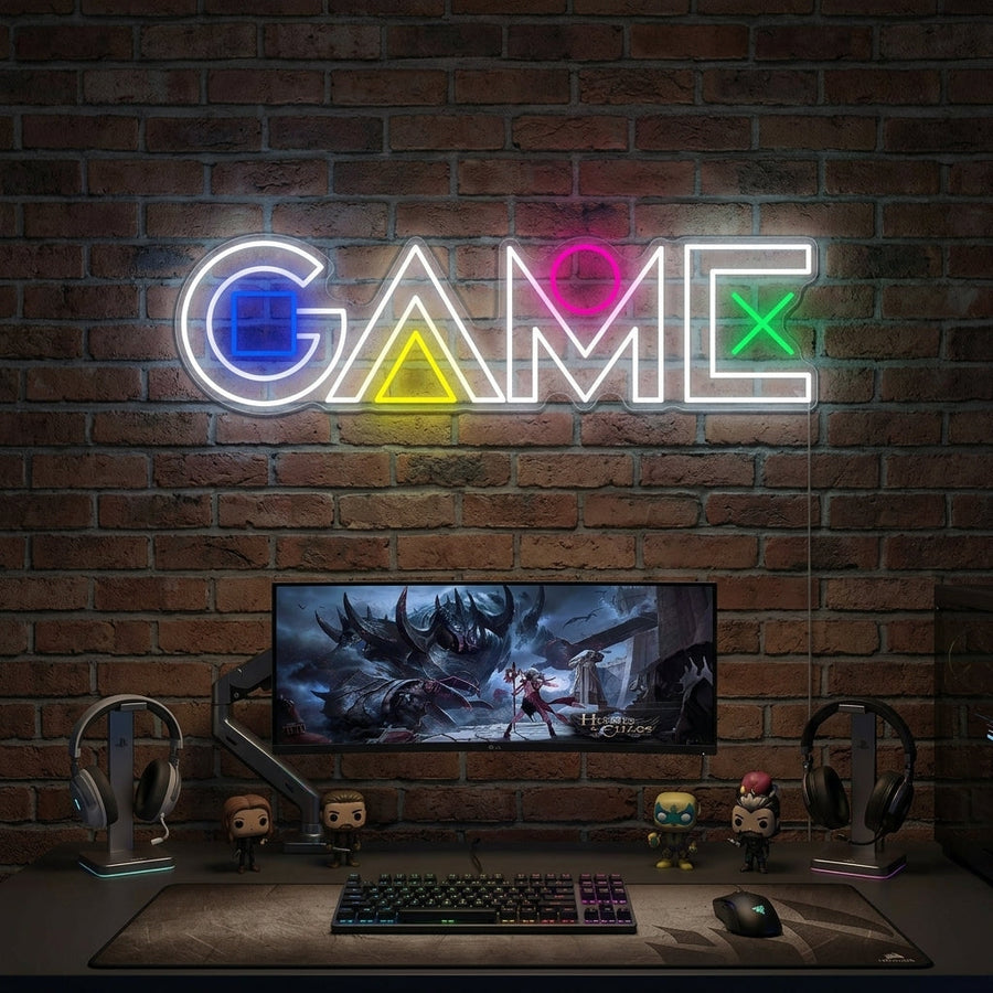 Scritta neon LED “GAME” con icone videogiochi