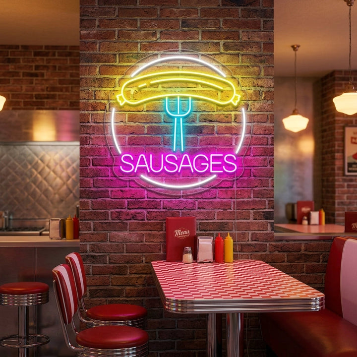 "Sausages, korv, gaffel" Insegna al neon