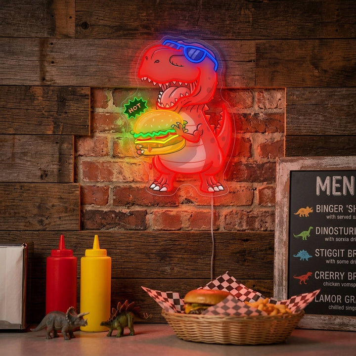 "Dinosauro che mangia l'hamburger" Insegna al neon
