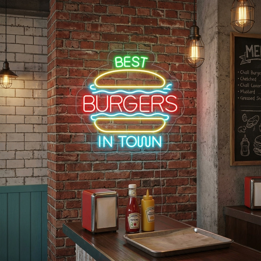 Insegna neon LED “Best Burgers in Town” per ristorante