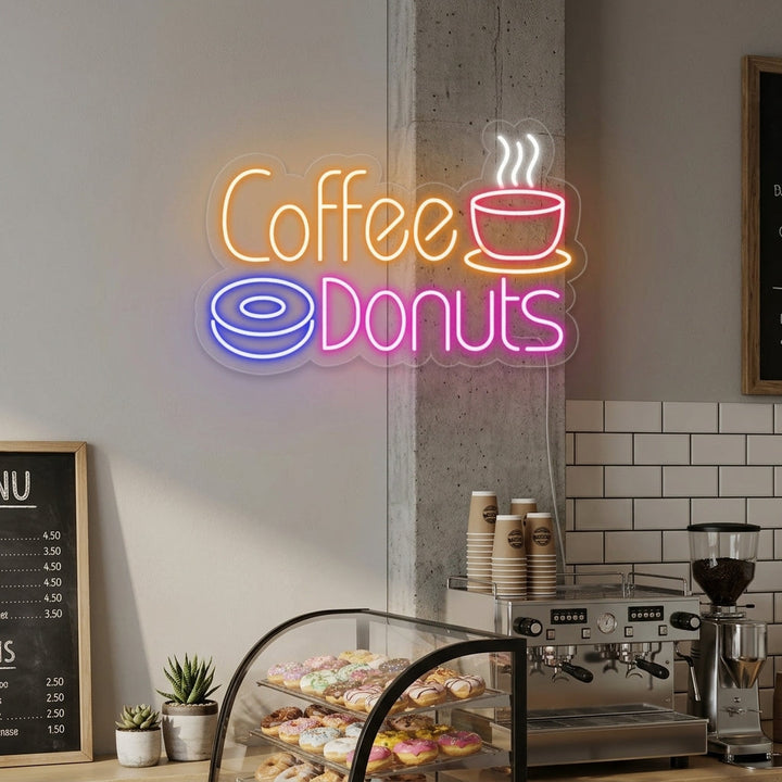 "Caffè caldo, Coffee Donuts" Insegna al neon