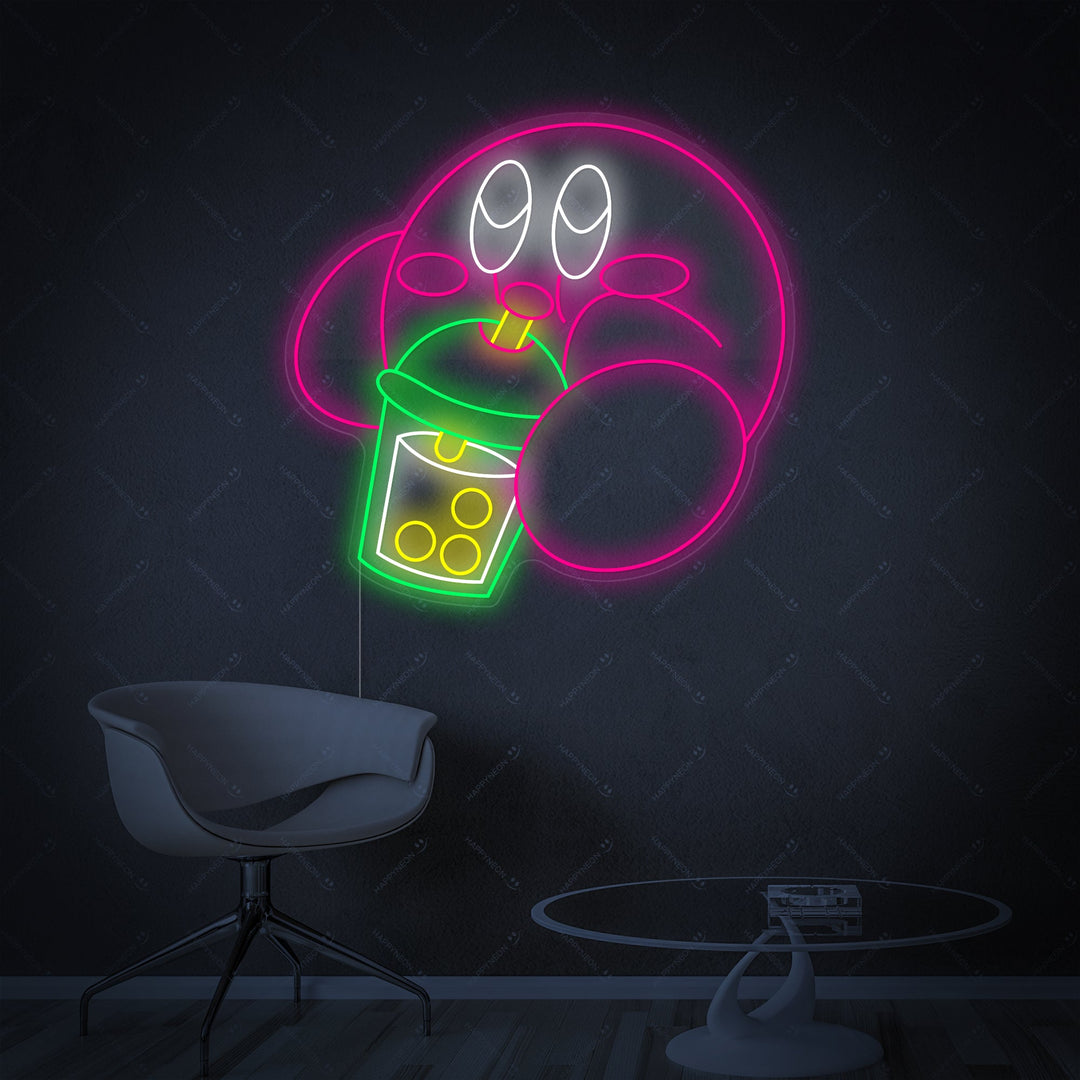 "Kirby che beve il tè Boba" Insegna al neon