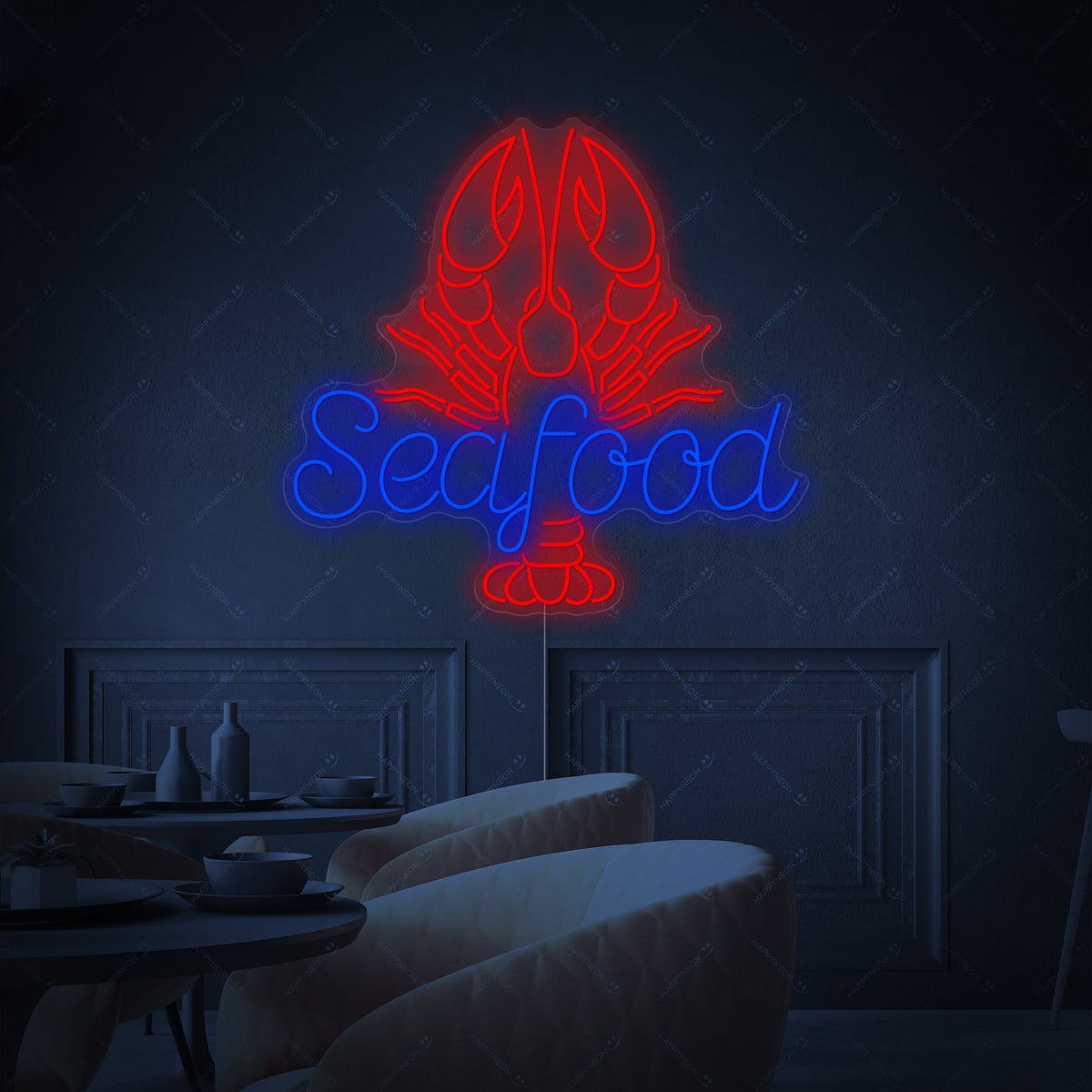 Insegna neon LED Seafood con gambero rosso