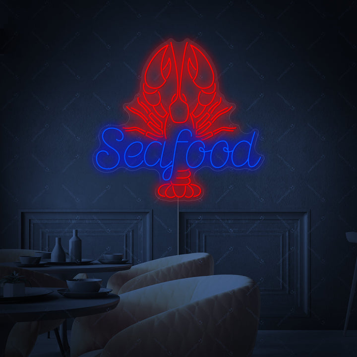 Insegna neon LED Seafood con gambero rosso