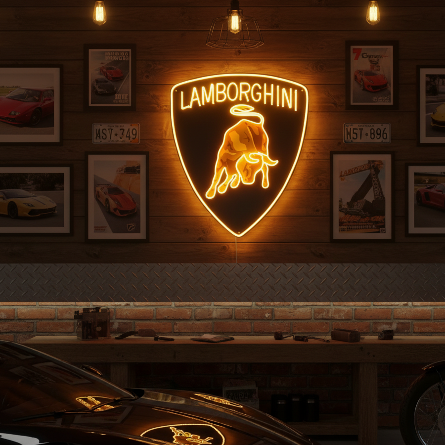 Insegna neon LED logo Lamborghini giallo