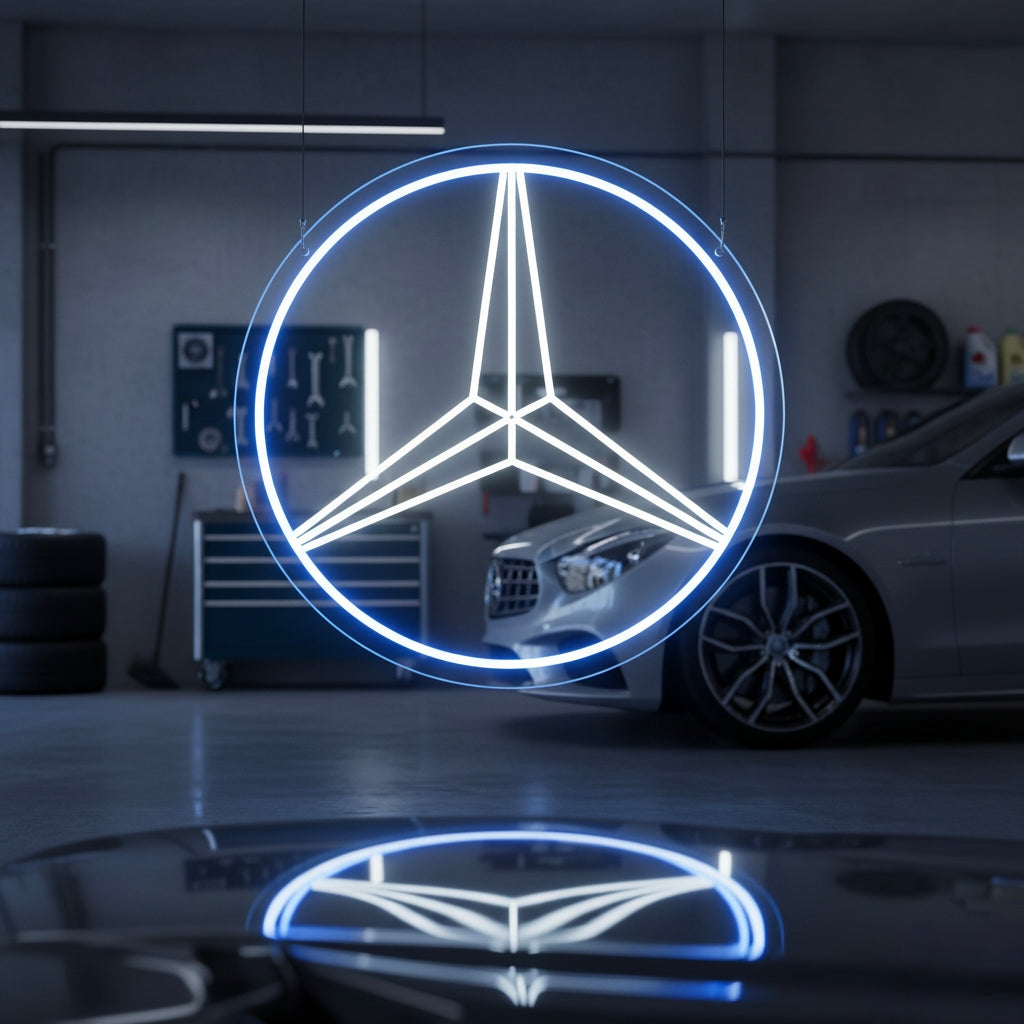Blue and white Mercedes three-pointed star neon sign, perfect for car lovers and modern garages.