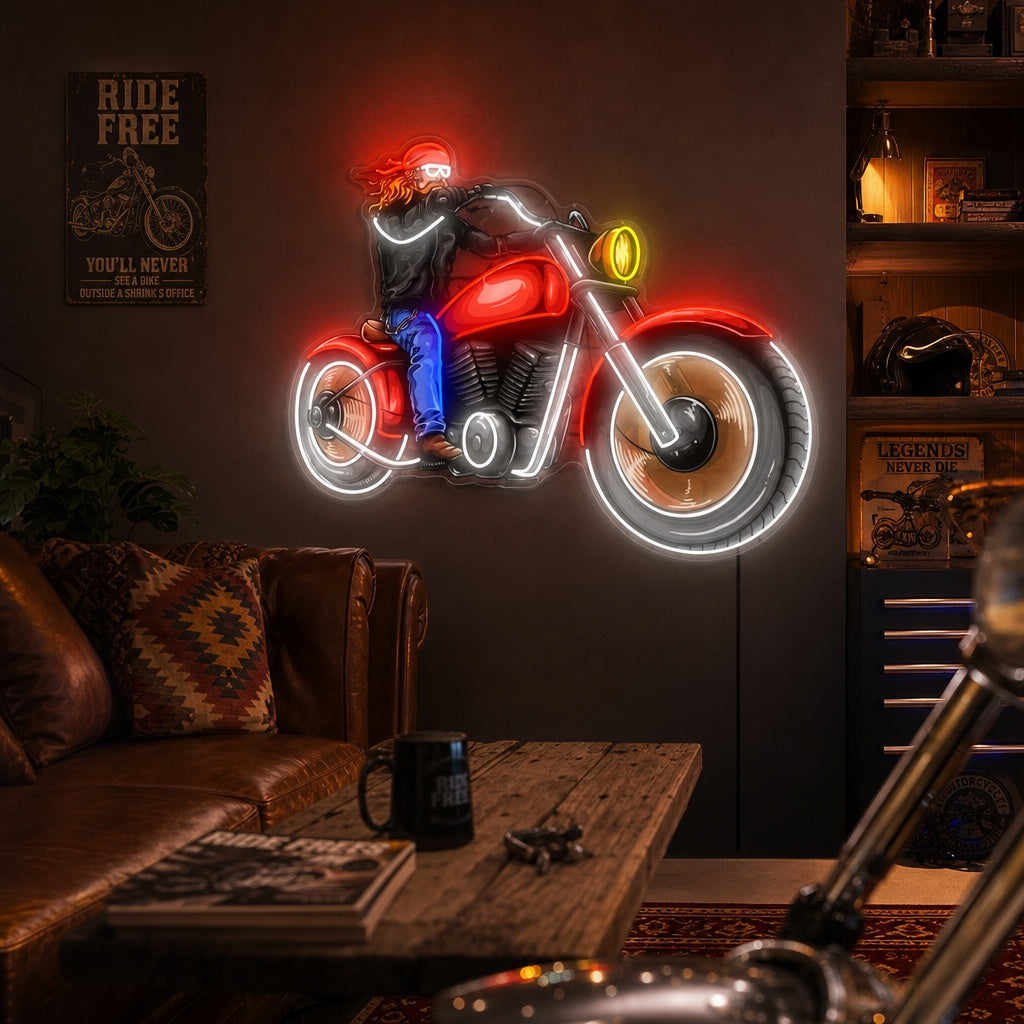 "Uomo e moto retrò classica" Insegna al neon