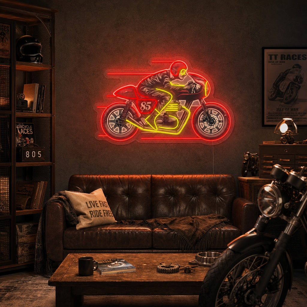 "Uomo che guida la vecchia motocicletta Café Racer" Insegna al neon
