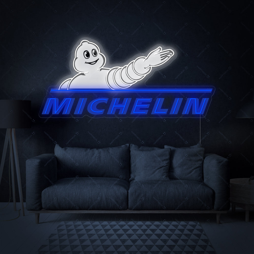 Logo Michelin con Bibendum in neon LED blu e bianco