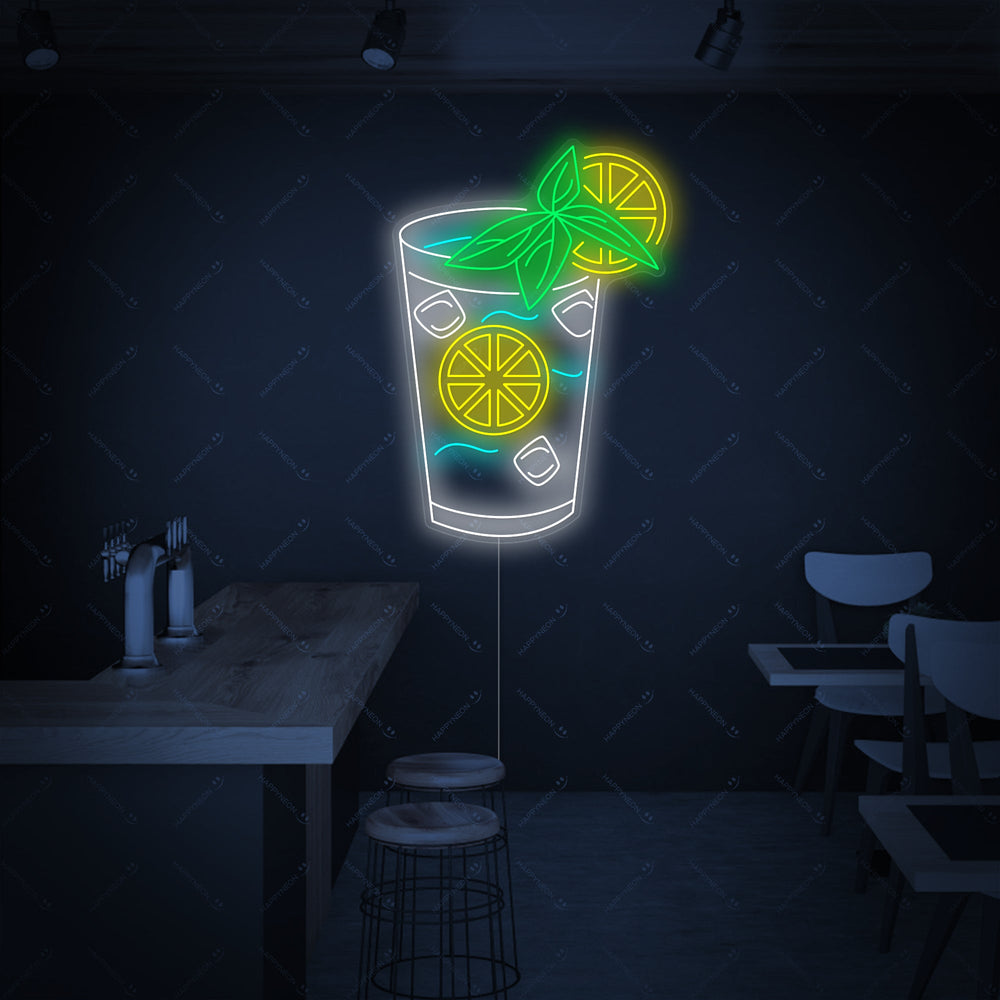 Insegna neon bicchiere di limone giallo e verde