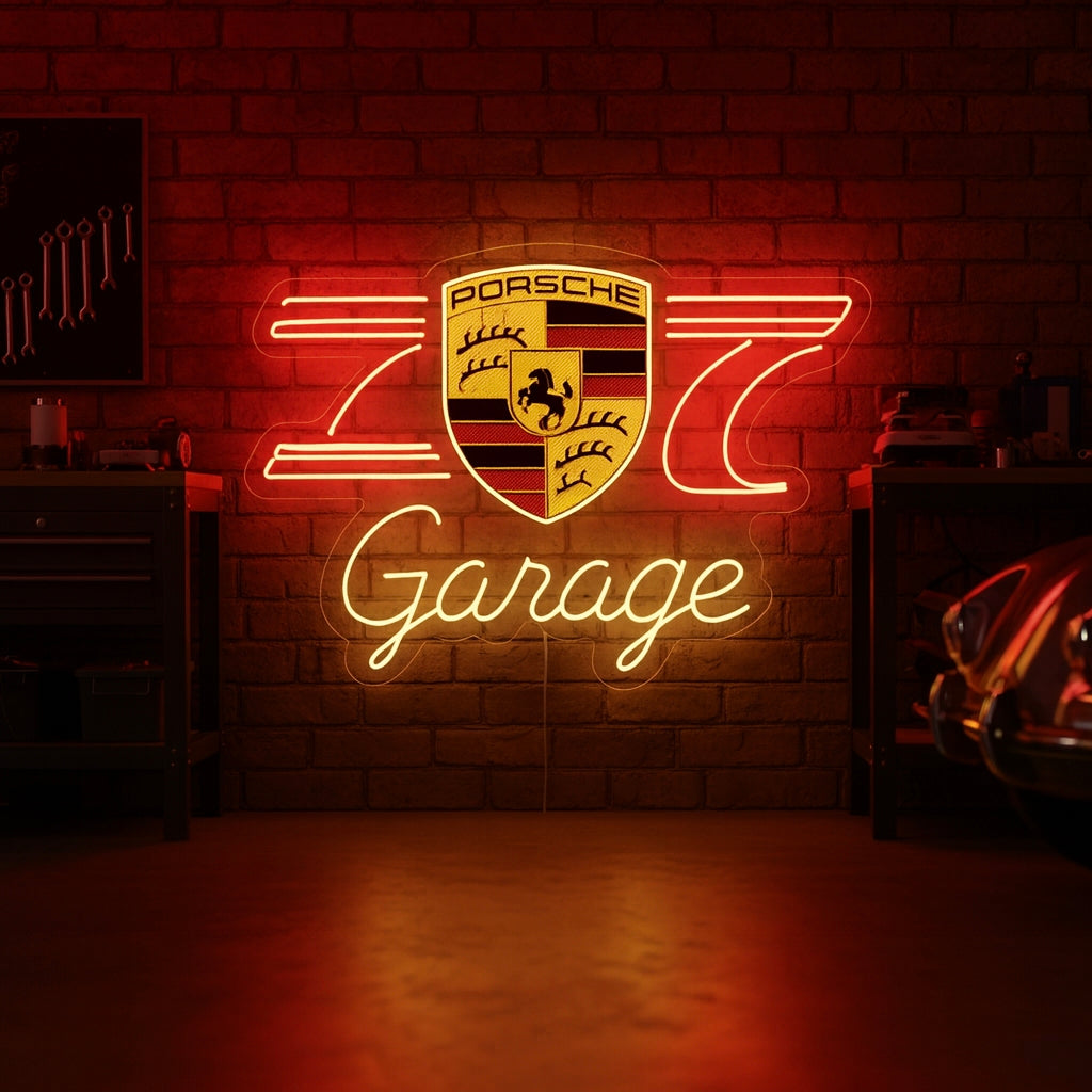 Neon sign with Porsche crest and “Garage” text in glowing red and yellow, great for luxury car garages.