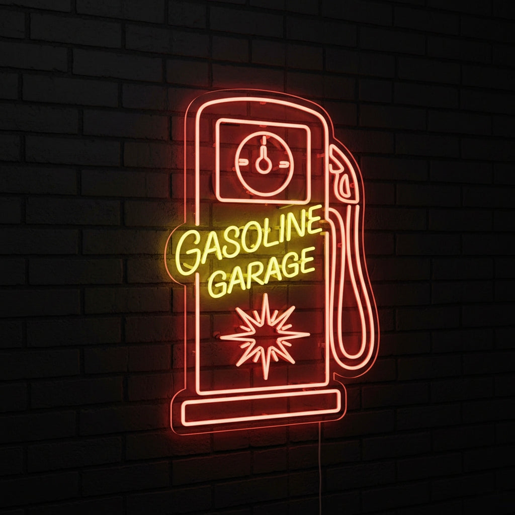 Insegna neon LED scritta Gasoline Garage con pompa benzina