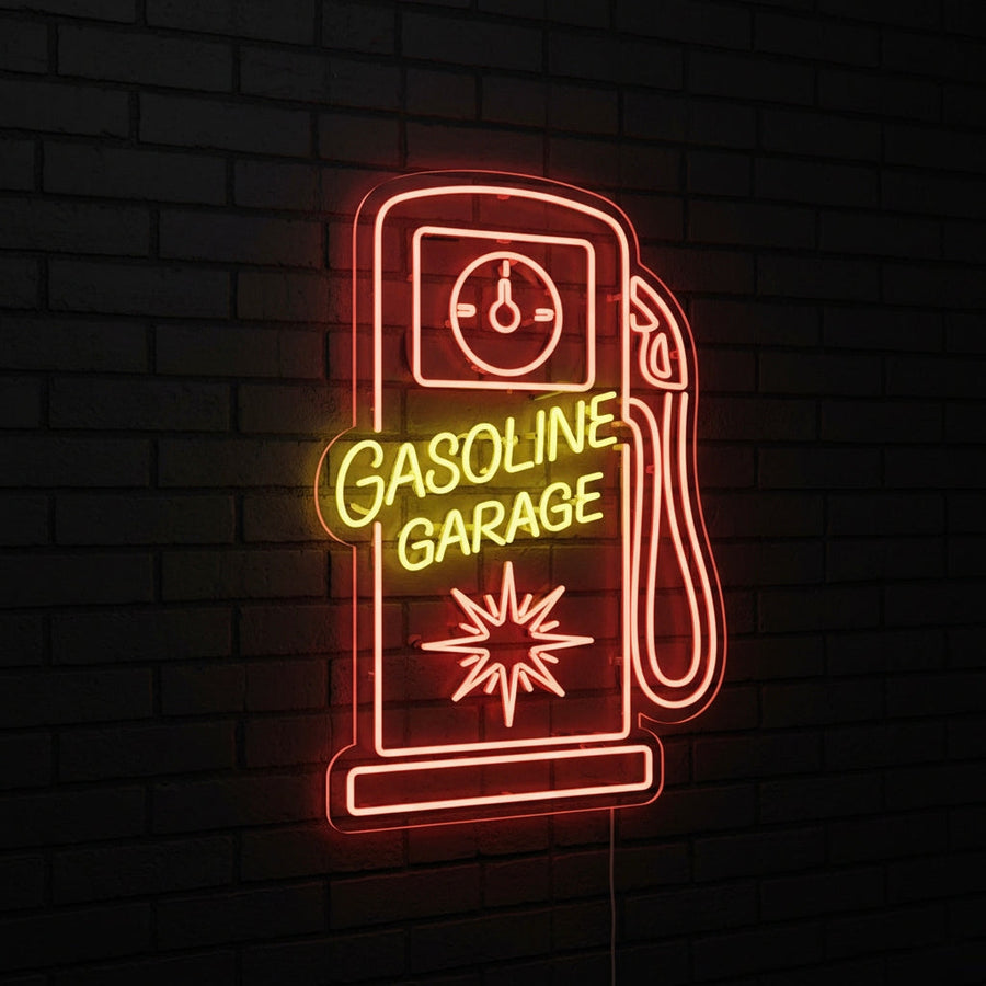 Insegna neon LED scritta Gasoline Garage con pompa benzina