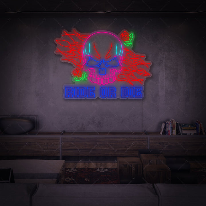 "Ride Or Die scritte e teschio" Insegna al neon