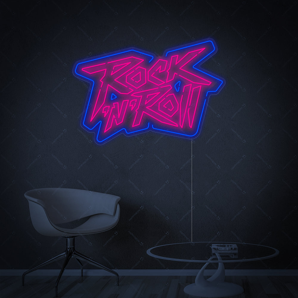 Insegna neon LED con scritta Rock ’n’ Roll rosa e blu