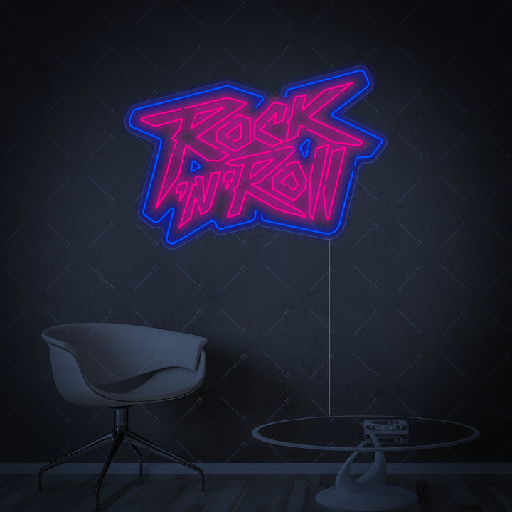 Insegna neon LED con scritta Rock ’n’ Roll rosa e blu