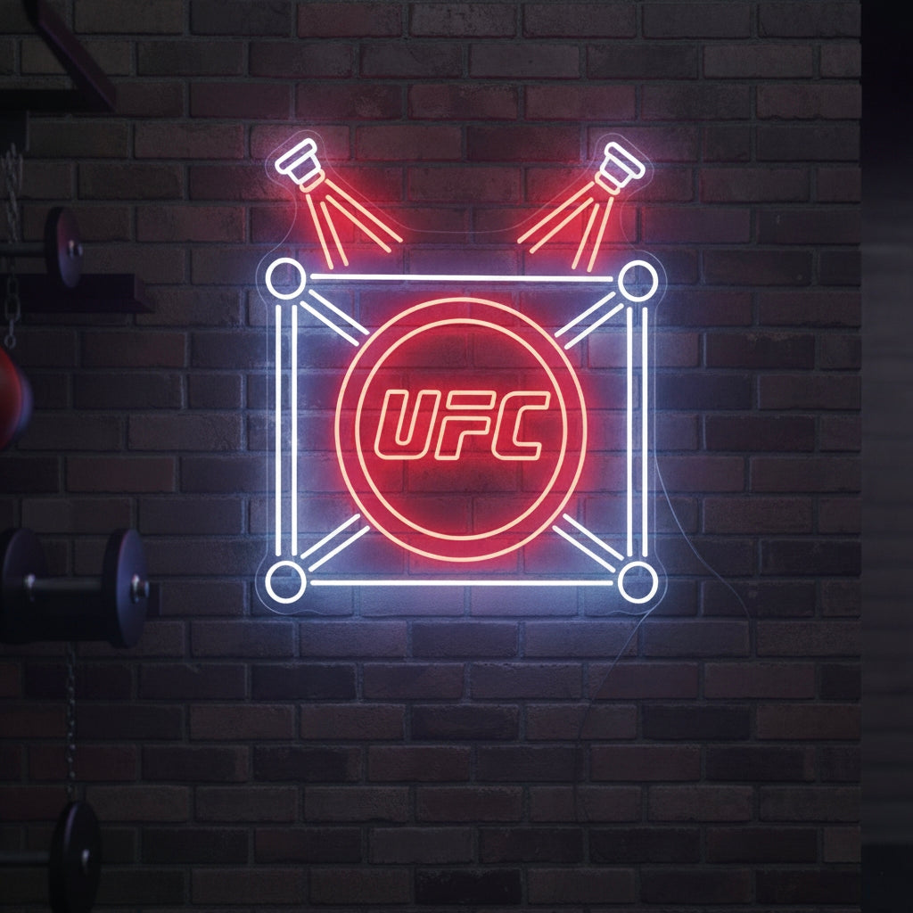 Neon wall sign featuring the UFC octagon with red spotlights, perfect for gyms, fight clubs, and man caves.