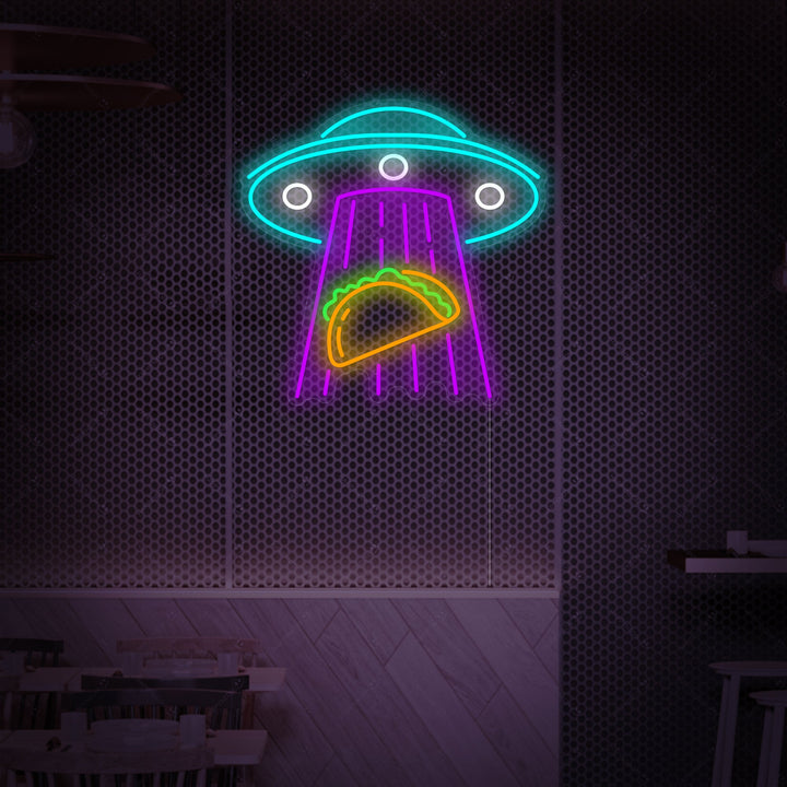 "Ufo che rapisce i tacos" Insegna al neon