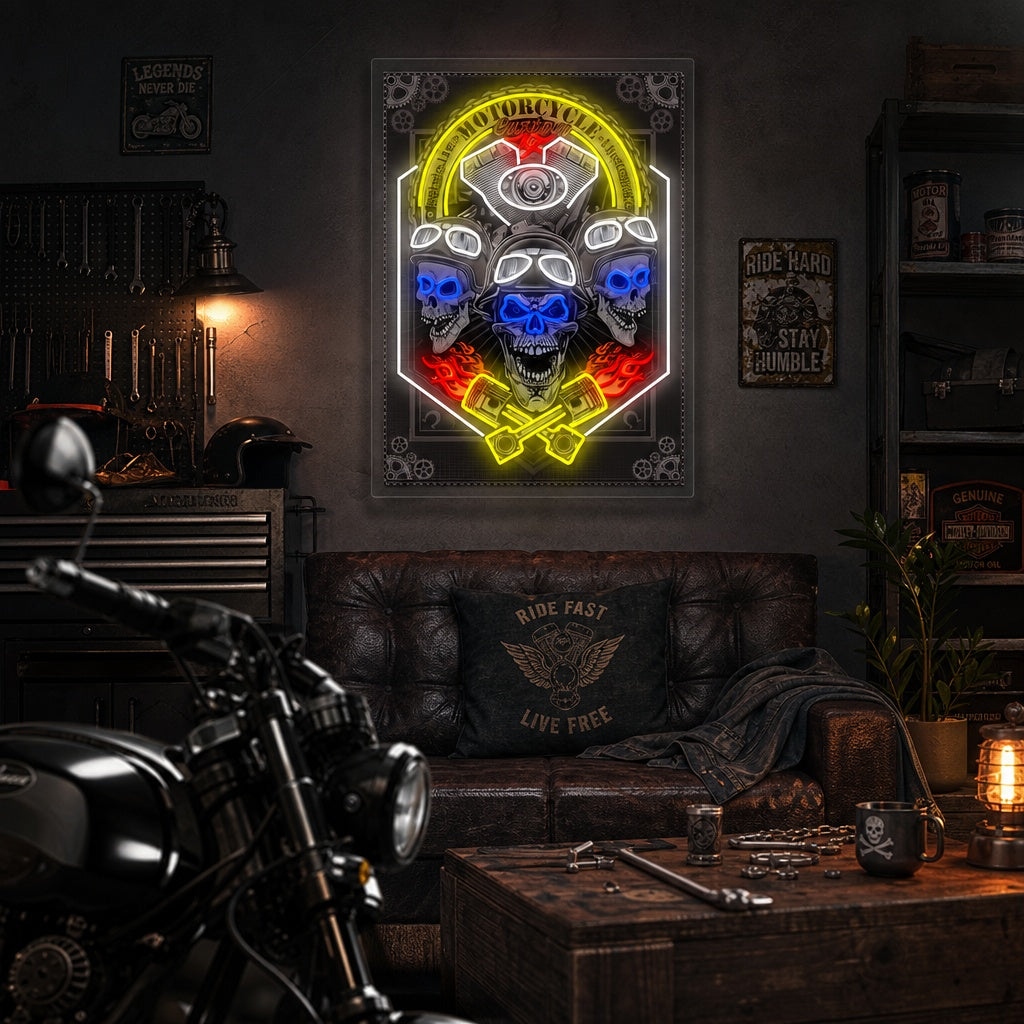 "Etichetta moto d'epoca con teschi" Insegna al neon
