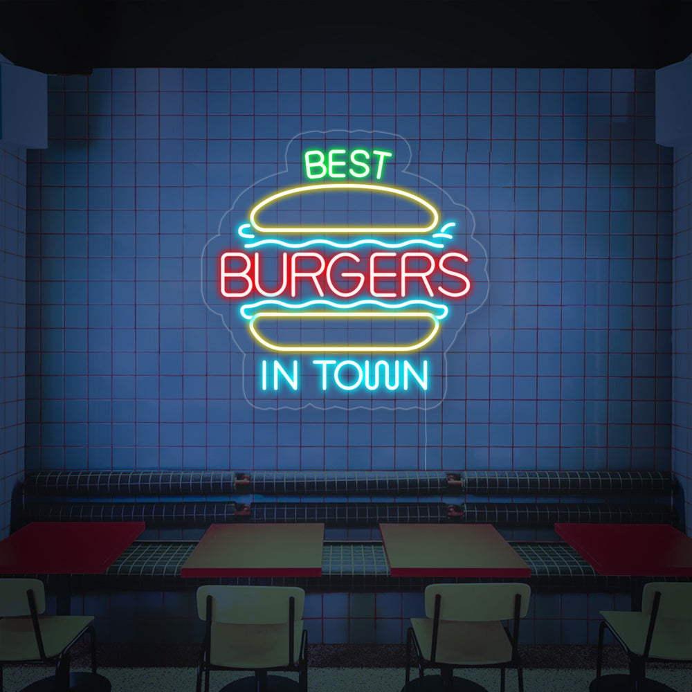 Insegna neon LED “Best Burgers in Town” per ristorante