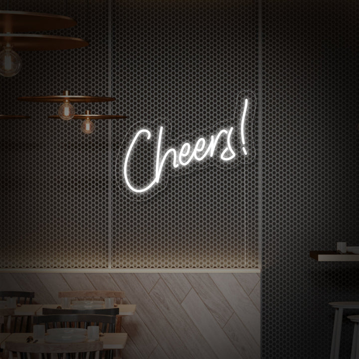 Insegna al neon LED bianca con scritta Cheers!