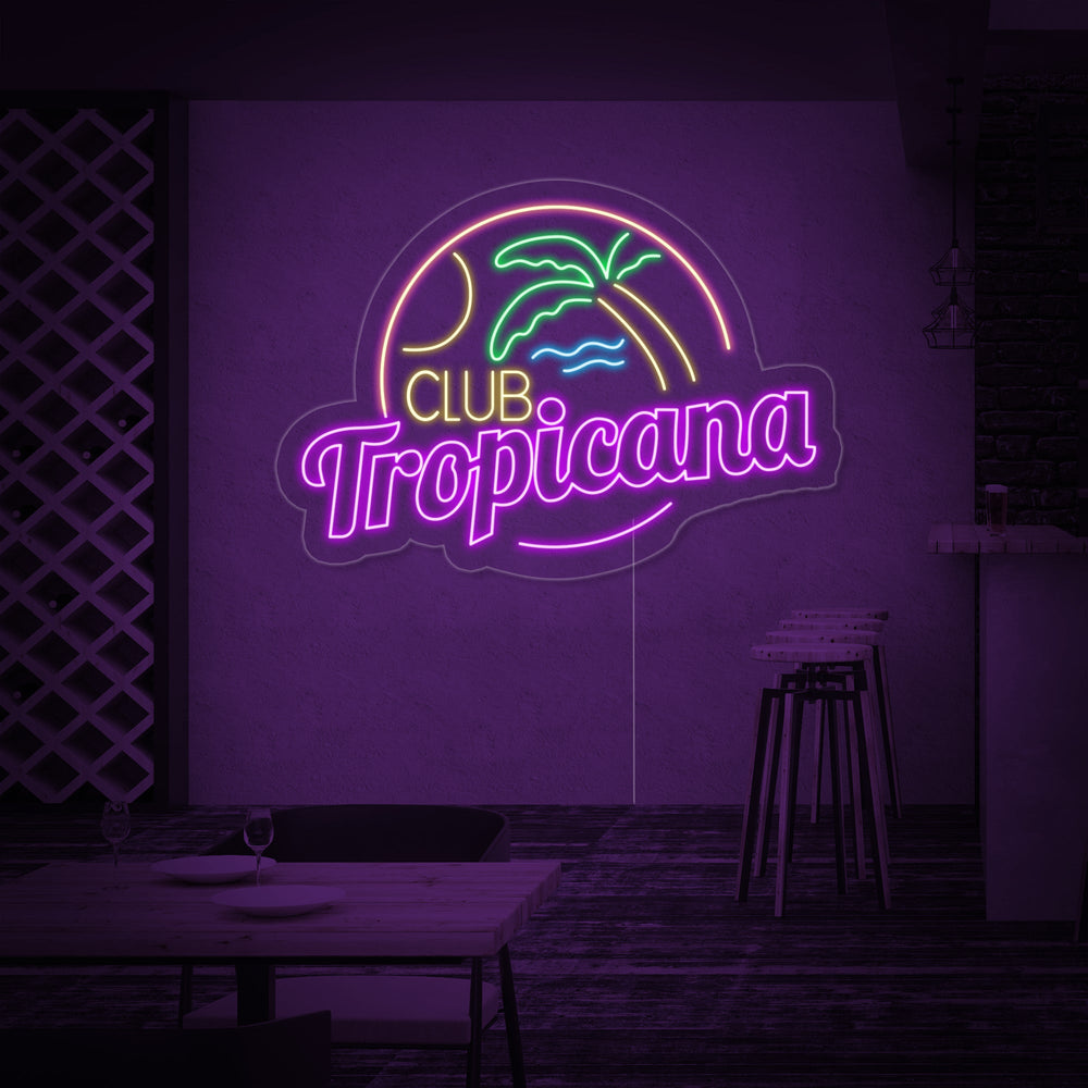 Insegna al neon LED Club Tropicana con palma, luna e onde