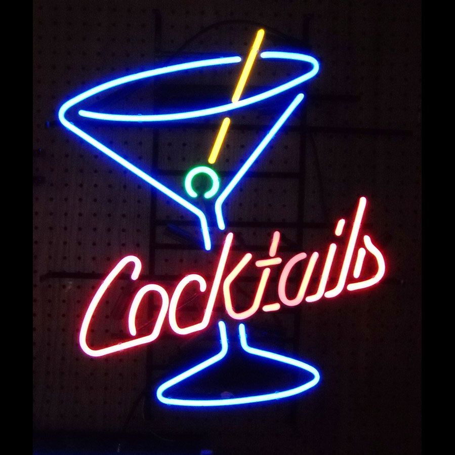 Insegna neon LED con bicchiere Martini e scritta Cocktails