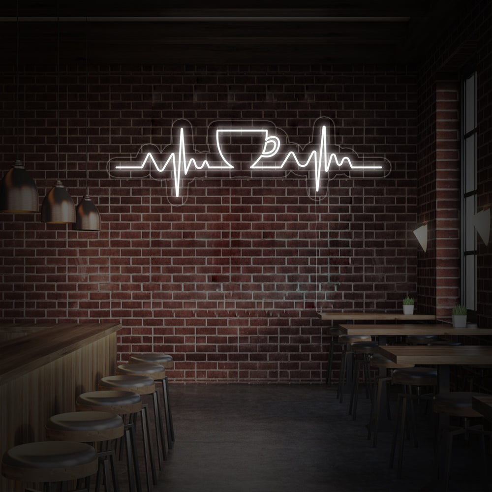 Insegna al neon LED tazza di caffè con linea del battito
