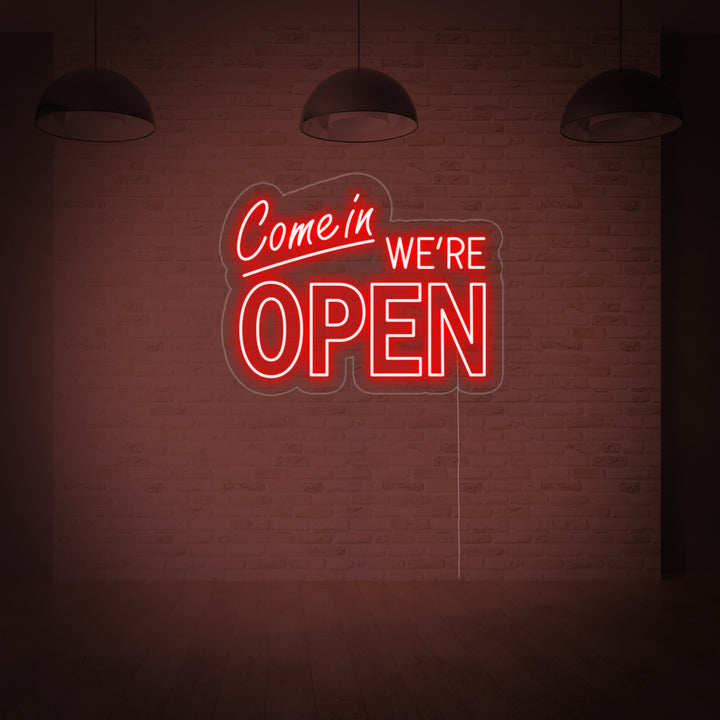 Insegna al neon LED rossa “Come In We’re Open” per negozio o bar