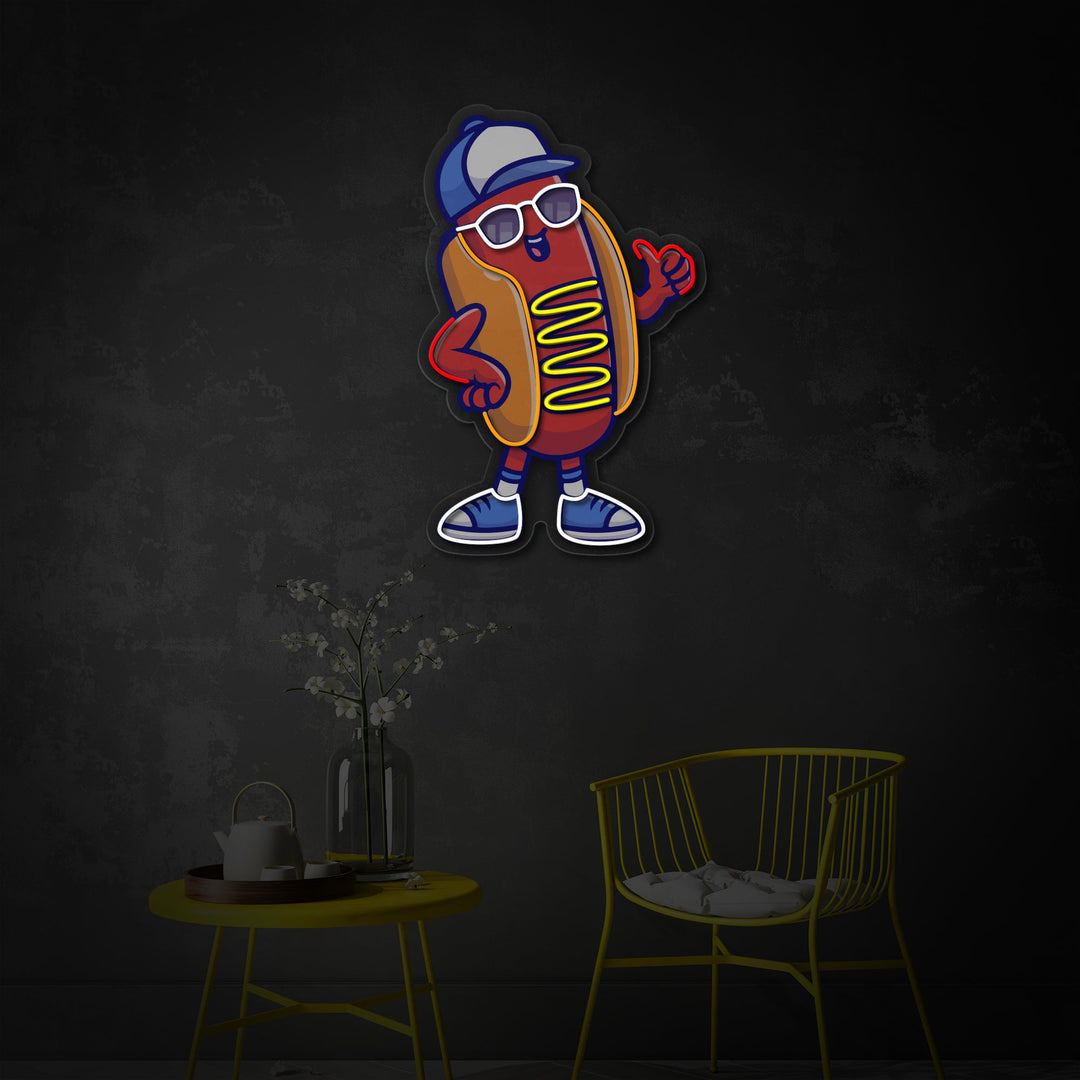 "Hot dog fresco che indossa bicchieri e cappelli, cibo, ristorante" Insegna al neon a LED stampata con UV