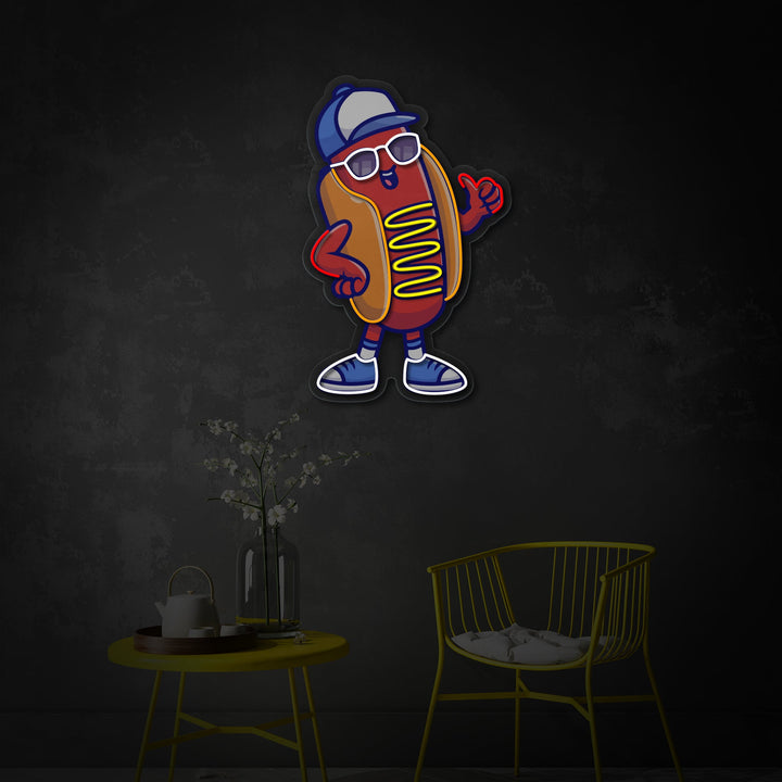 "Hot dog fresco che indossa bicchieri e cappelli, cibo, ristorante" Insegna al neon a LED stampata con UV