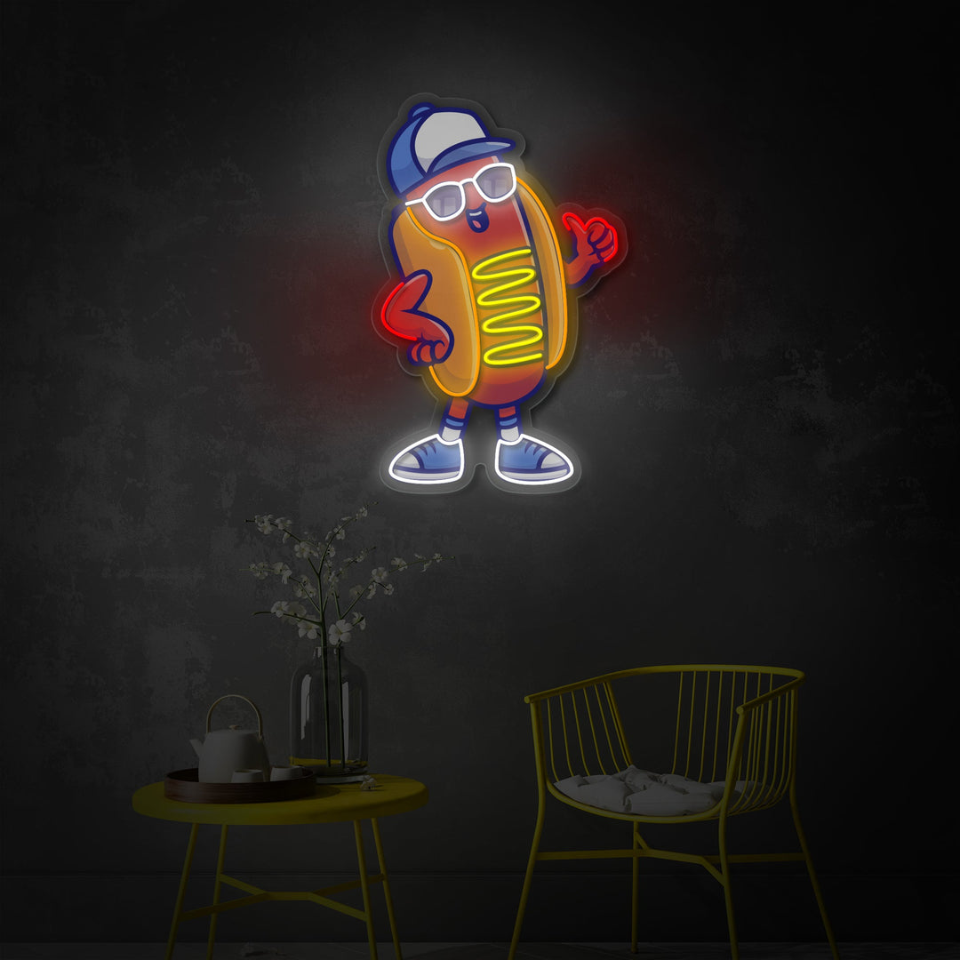 "Hot dog fresco che indossa bicchieri e cappelli, cibo, ristorante" Insegna al neon a LED stampata con UV