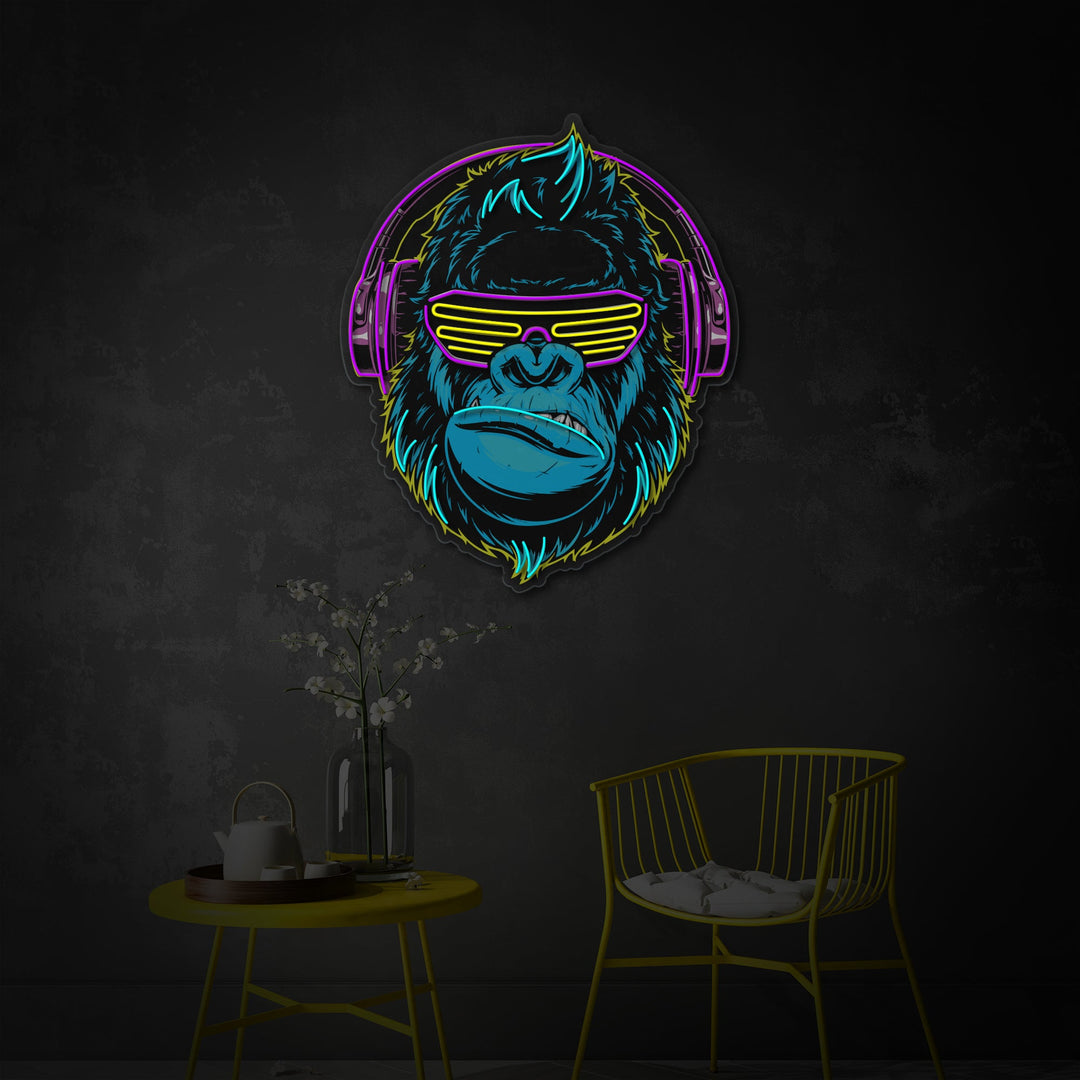 "Monkey cyberpunk con cuffia, decorazione della sala giochi" Insegna al neon a LED stampata con UV