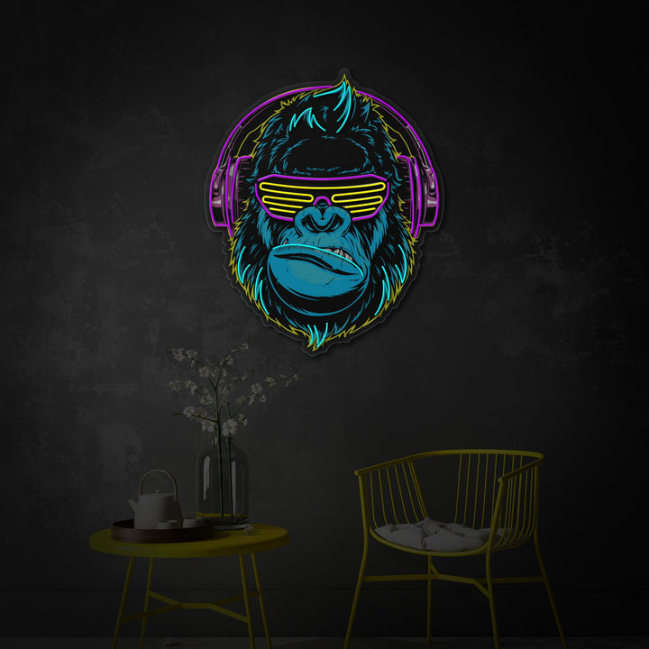 "Monkey cyberpunk con cuffia, decorazione della sala giochi" Insegna al neon a LED stampata con UV